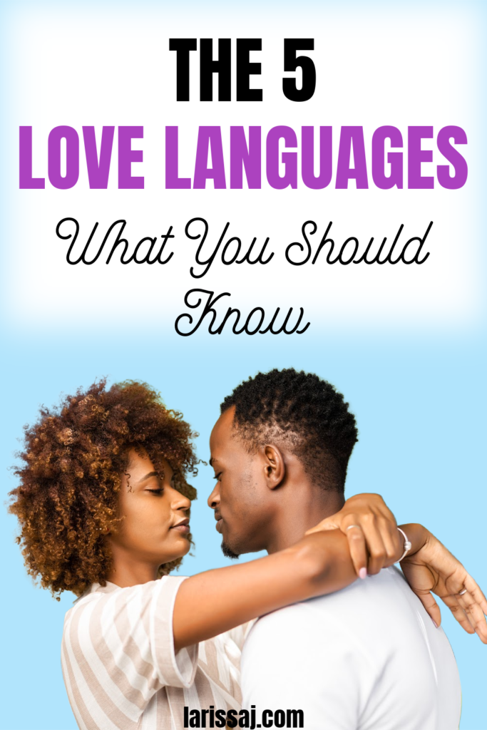 The 5 Love Languages title on blue background. Black couple looking into each other's eyes